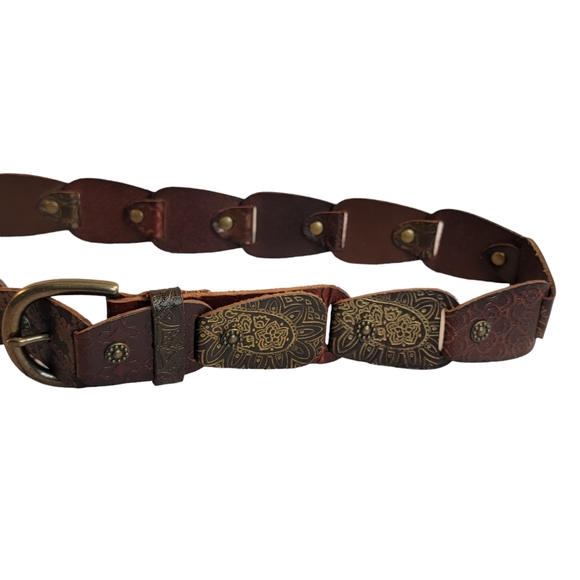 Fossil Metallic Tabs Multi Brown Embossed Leather Fashion Belt Women's Size M - Picture 3 of 9
